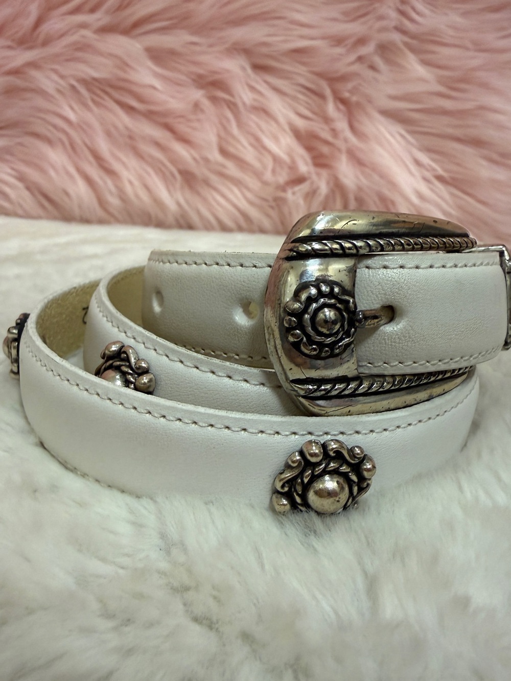 Brighton White Leather Belt with Ornate Silver Hardware